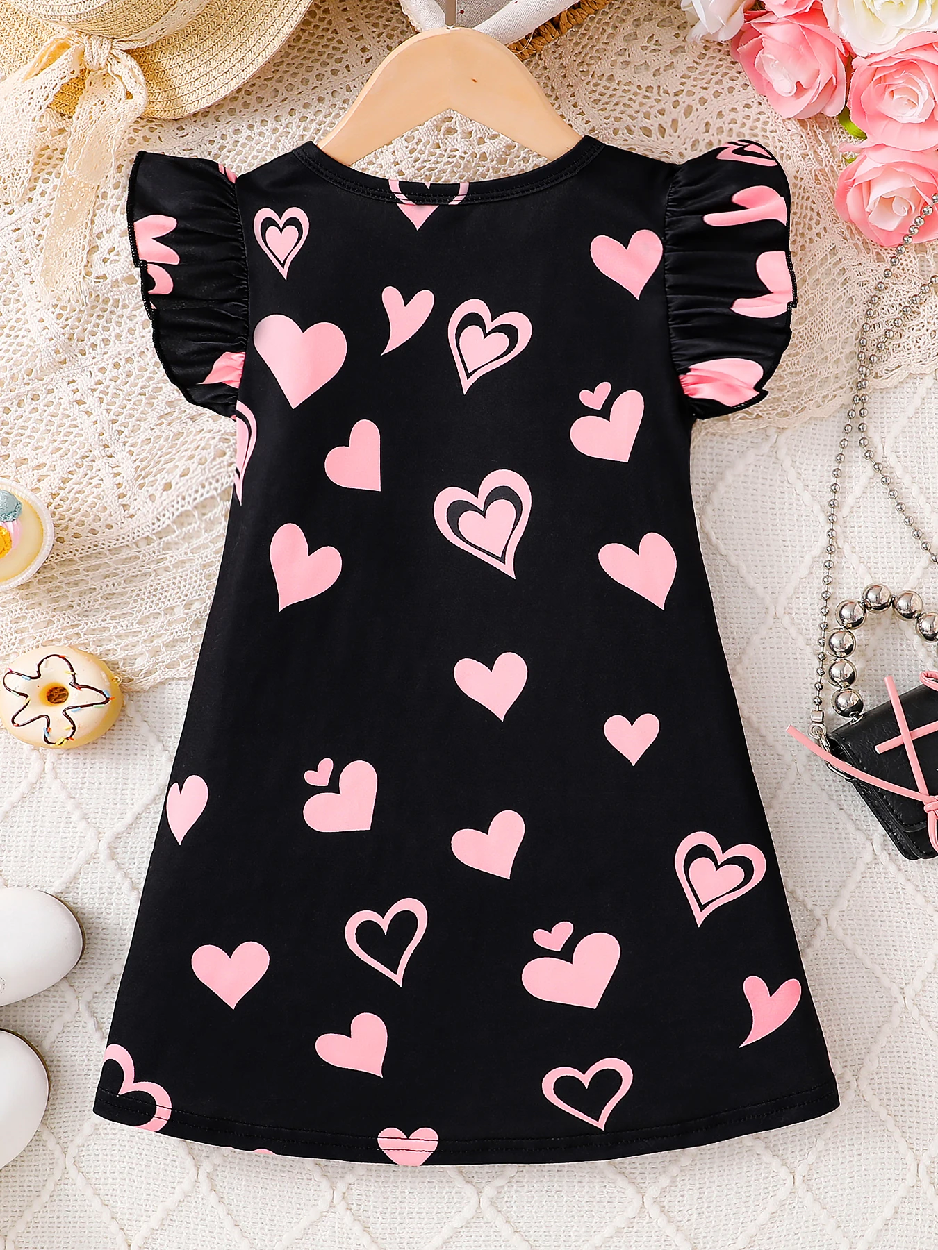 Single-Piece Elegant Ladylike Summer Dress for Girls, Cute Cat Print Flutter Sleeve Round Neck Dress, Simple and Comfortable Casual Versatile Children's Clothing, Outdoor Stylish Mature Style Outfit for Girls