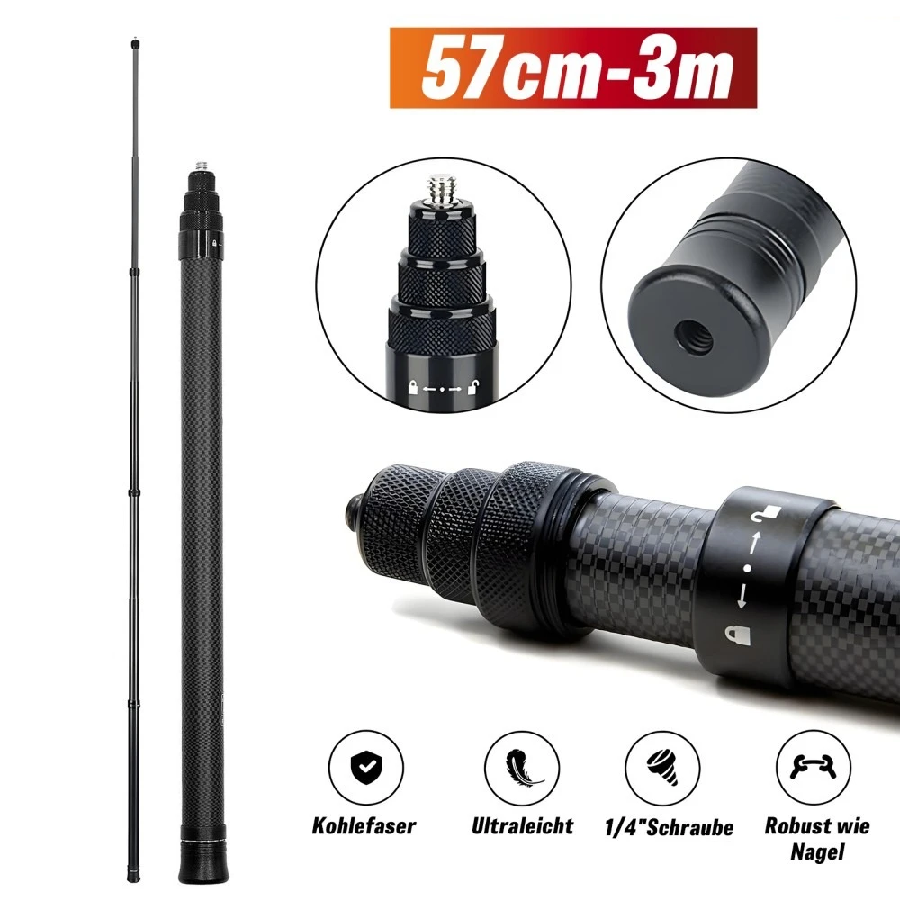Asta di estensione telescopica in fibra di carbonio per action camera Insta 360 X2/X3, regolabile per riprese con microfono e per interviste