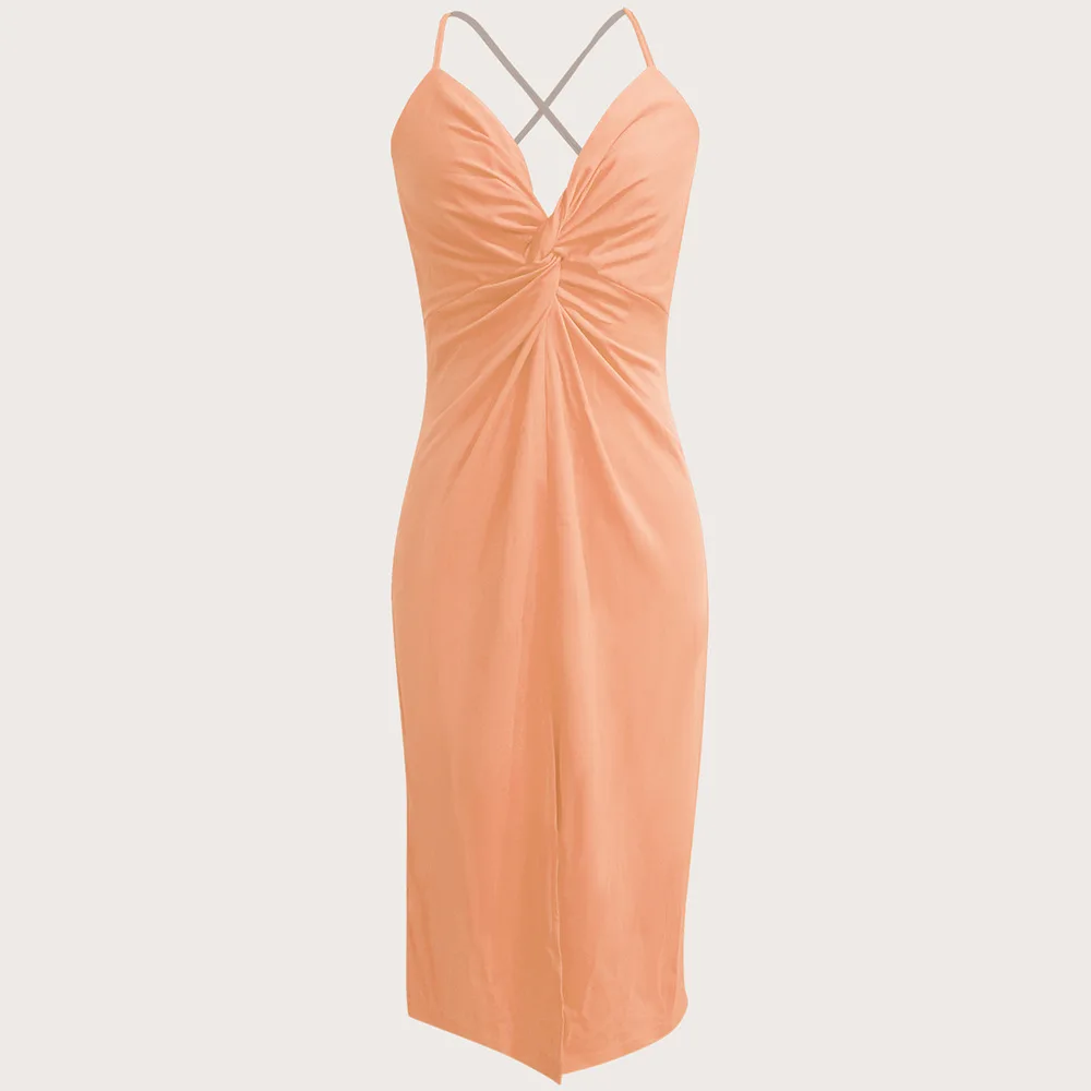 Deep V-neck Slim-Fit Sexy One-Step Skirt Hip-Wrapped Mid-Length Dress Backless Twist Sleeveless Split Cross Dress