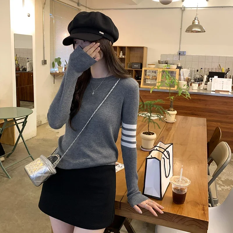 

Korean Fashion Autumn New Women Knitted Tops Sweater Simple Casual O Neck Long Sleeve Slim All Match Knitting Pullover Clothing