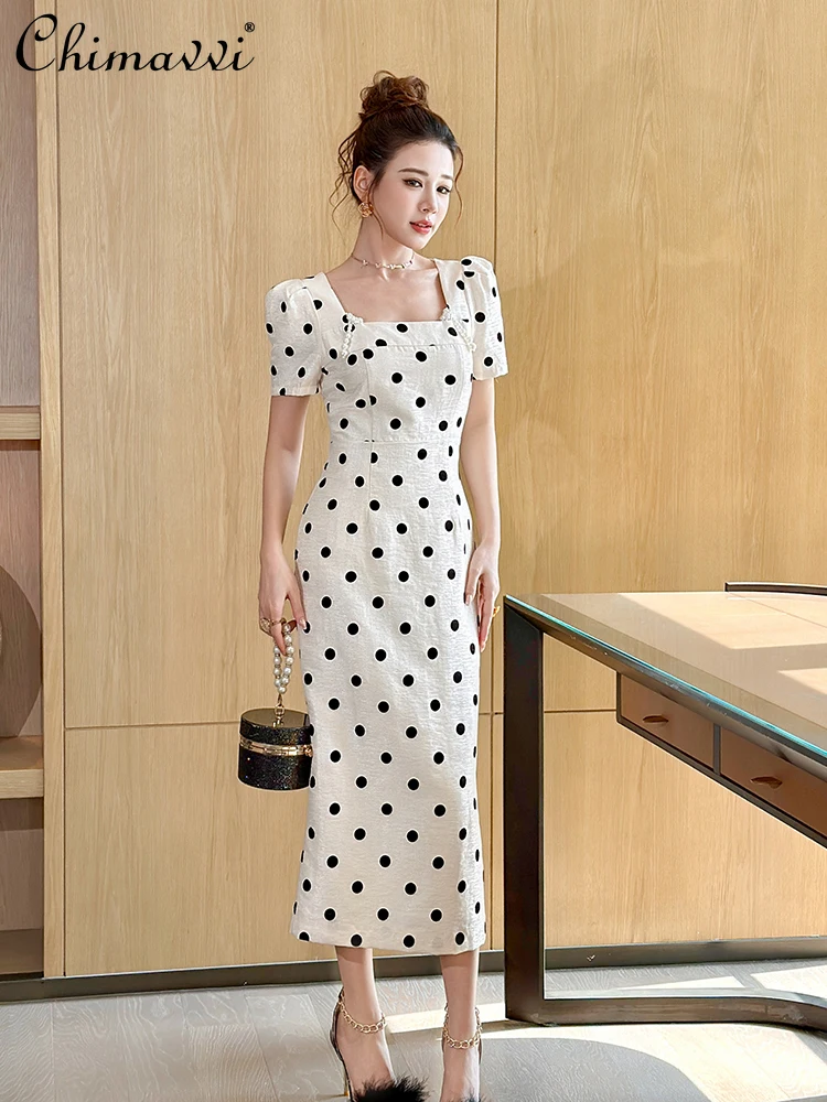 

French Style Elegant High-End Socialite Dot Long Dress Square Neck Short Sleeve High Waist Slim Temperament Bodycon Dress Women