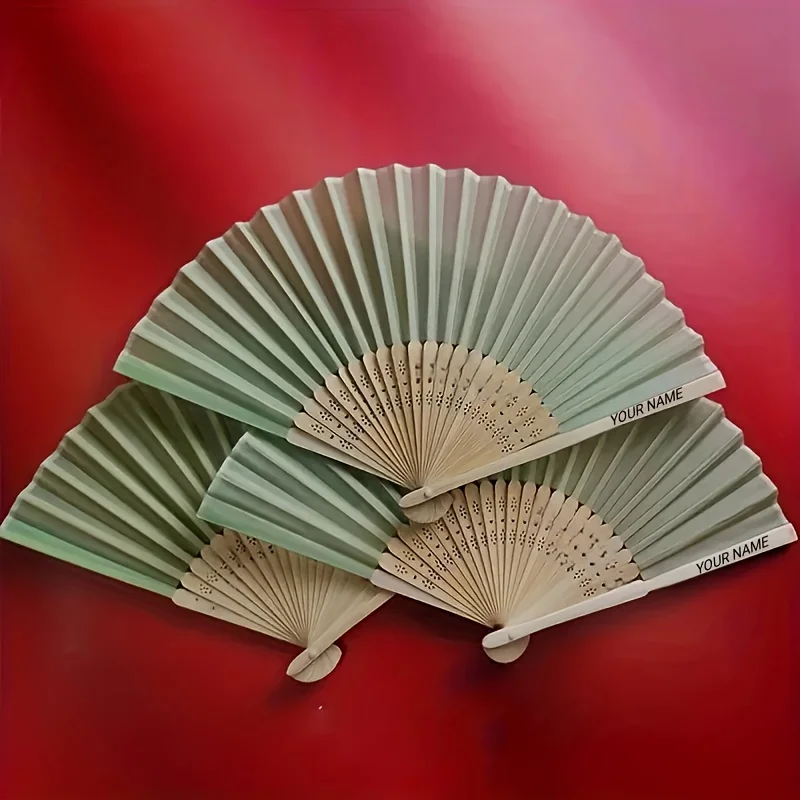 Personalized Engraved Bamboo Wedding Fans, Custom Name Date Green Fabric Folding Fans, Wedding Baptism Decor Gifts
