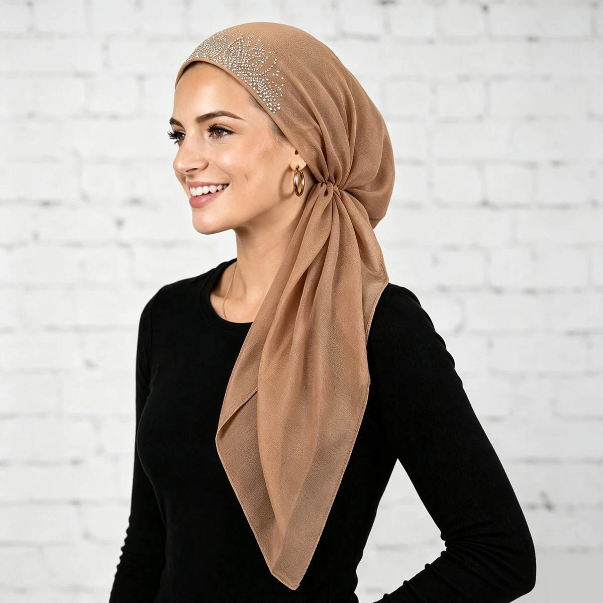 Solid Color Fashion Diamond Soft Elastic Headband Cap For Woman Muslim Hijab Hat Lady Fashion Instant Scarf Islamic Turban