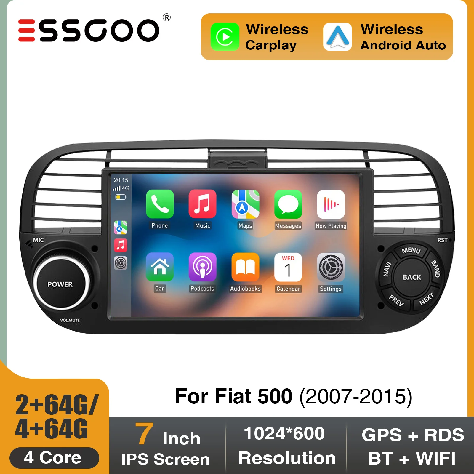ESSGOO Android 14 7" Autoradio mit Wireless Carplay für Fiat 500 2007-2015 Android Auto GPS NAV WIFI FM RDS Bluetooth USB SWC