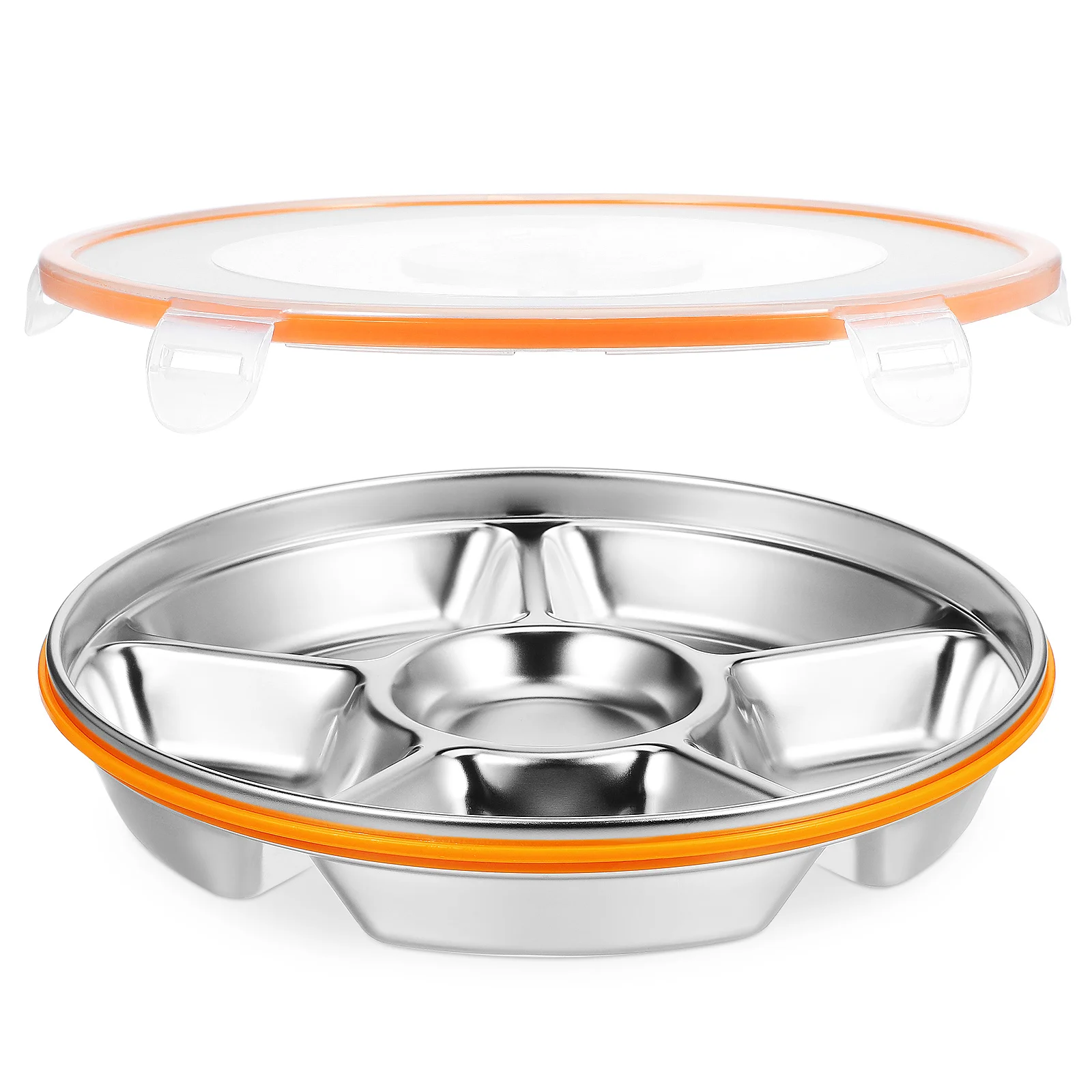 

Stainless Steel Dinner Plate Veggie Tray with Lid Large Six-grid Design Ample Capacity Separated Food Container Serving Trays