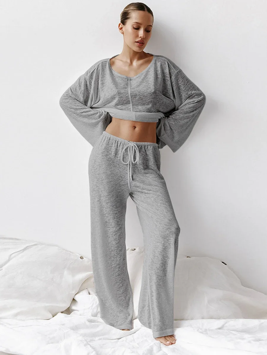 Mozuleva Sexy Fashion Knitted O-Neck Pajamas 2-Piece Set Long Sleeve Long Pants Womens\'s Home Clothing Spring Soft Pajamas Sets