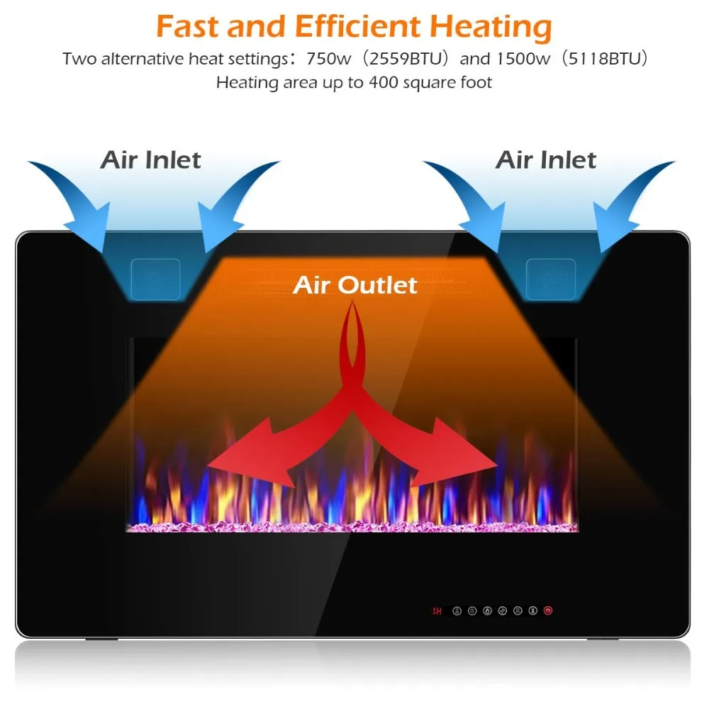Утопленный и настенный Электрический камин, 30 дюймов, нагреватель для камина, встроенный в стену, с дистанционным управлением, таймером, сенсорным экраном