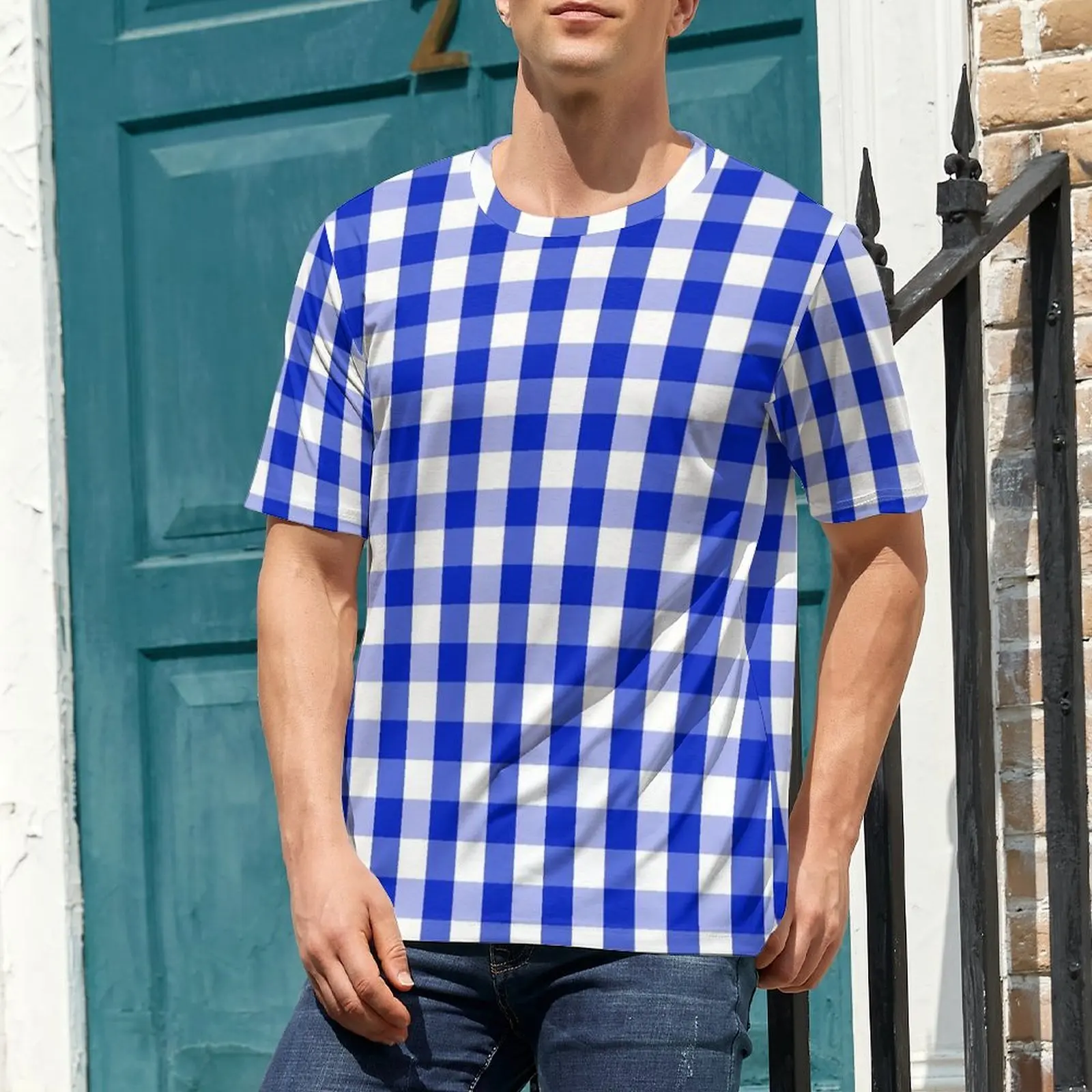 Blue And White Gingham T-Shirt Check Plaid Squared Novelty T Shirts Man Street Tshirt Original Short-Sleeve Clothing Plus Size