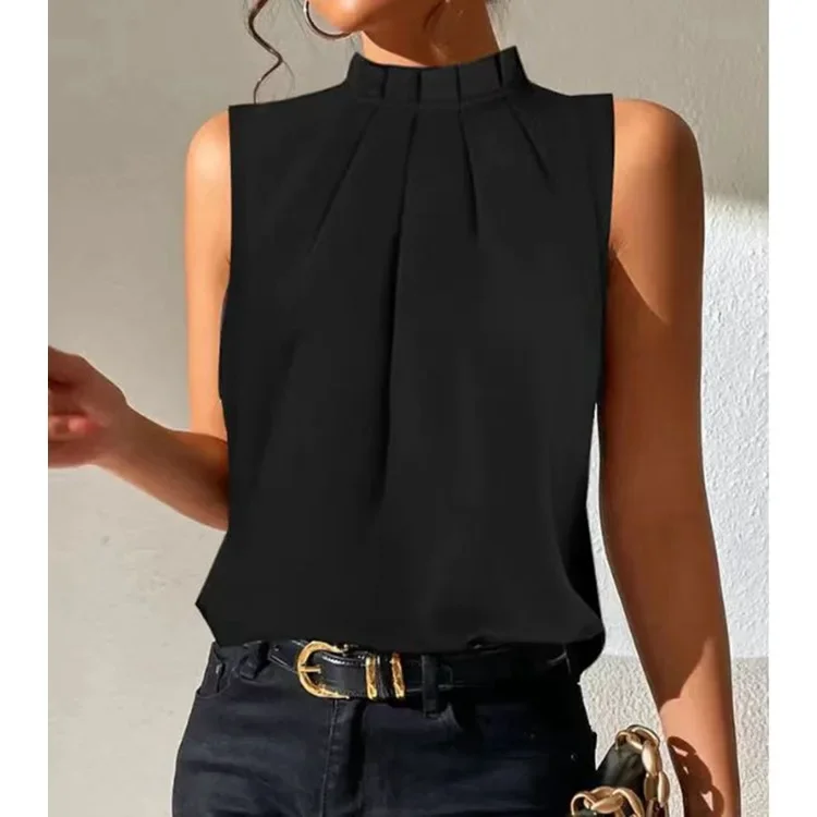 Blusa negra con hombros descubiertos para mujer, camisa informal de manga corta con cuello redondo y pliegues para oficina, 2024