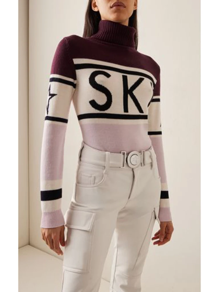 Harajuku SKI Autumn/Winter New Jacquard Knitted Y2K Alphabet Stripe Fashion High Collar Slimming Women's Sweater