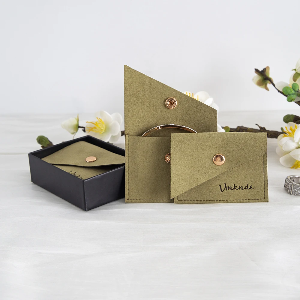 

Custom Logo Velvet Microfiber Small Jewelry Pouch Luxury Envelope Suede Snap Gift Bags Insert for Earrings Rings Necklace Bulk
