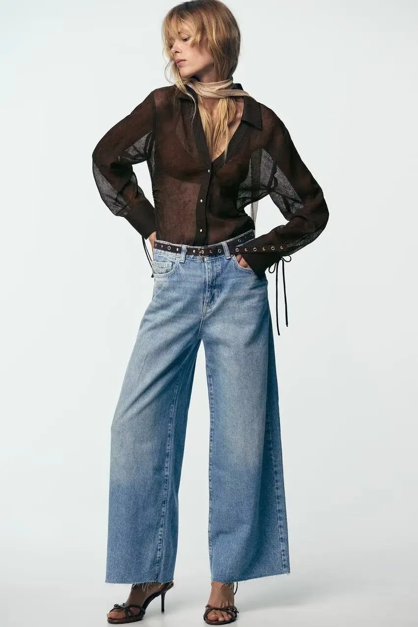 

BB6769 2025 Autumn New Women's Clothing Jewelry Button Closed Waist Fold Cuff Bow Decoration Semi Transparent Shirt 8615737