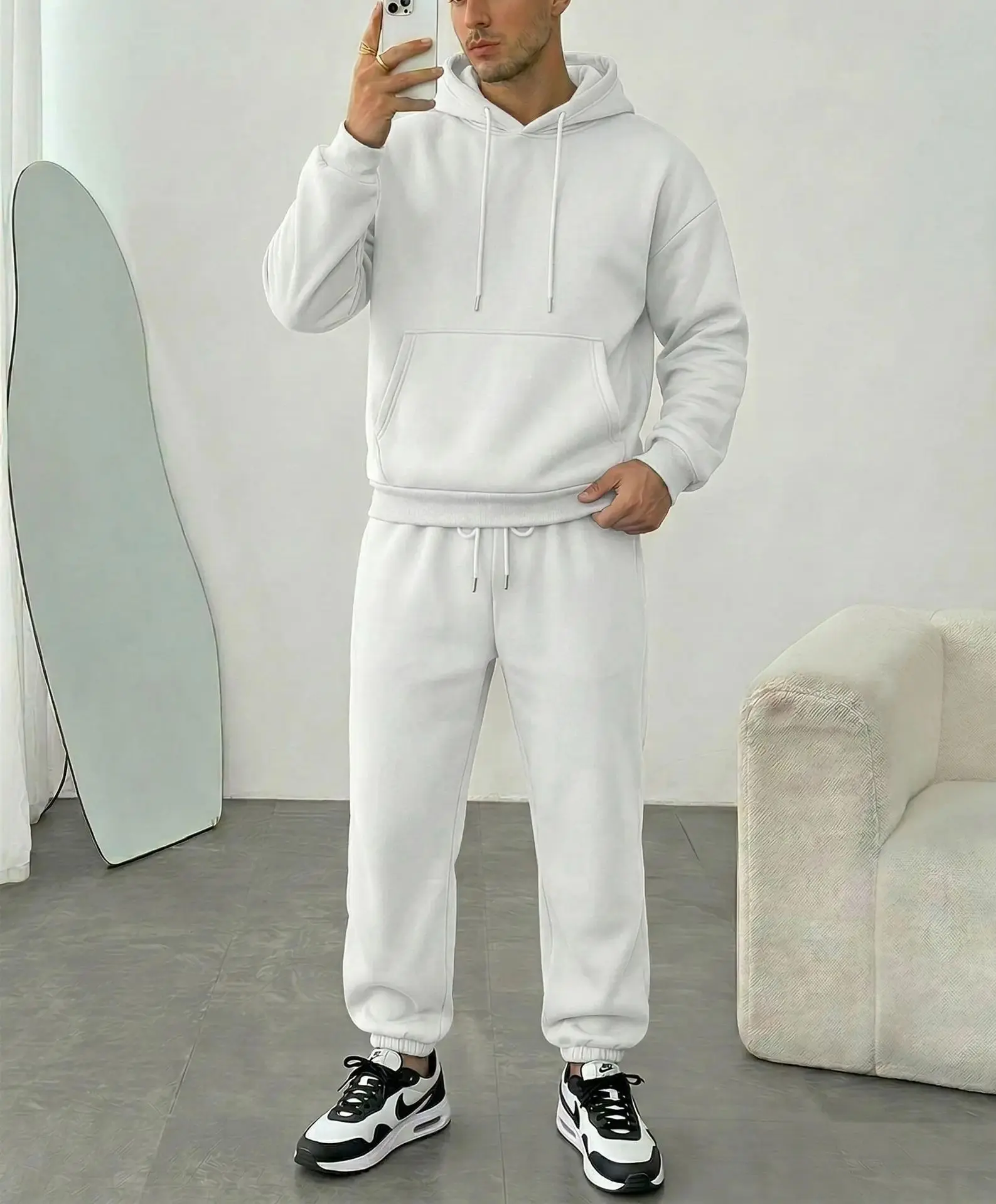 

Men's large-sized loose-fitting drawstring pocket long-sleeved hooded sweatshirt pants pure-color sportswear set