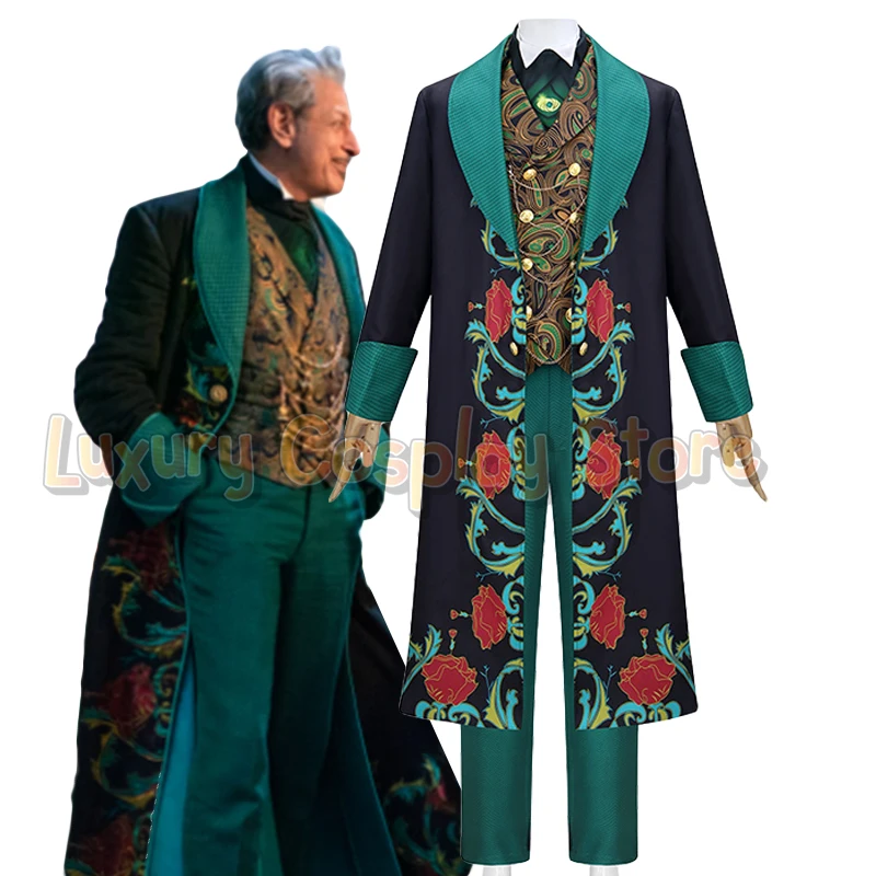 Disfraz de mago de película 2025 para hombre, traje verde elegante con patrón Floral, gabardina malvada, conjunto de pantalones, traje de fiesta de Carnaval y Halloween