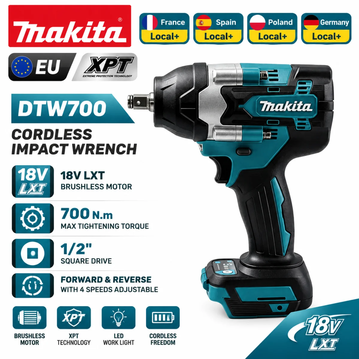 Batteria al litio Makita 18V, avvitatore a impulsi brushless ad alta coppia 1000Nm, avvitatore elettrico a velocità variabile con arresto automatico, modello DTW700 18V LXT, ideale per installazioni e