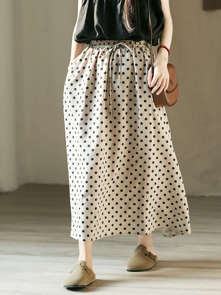 

Gujia Textile Soft Polka Dot f-length Skirt Textured Cotton Commuter Versatile A-line Long Skirt Retro Sle Ladies' Skirt
