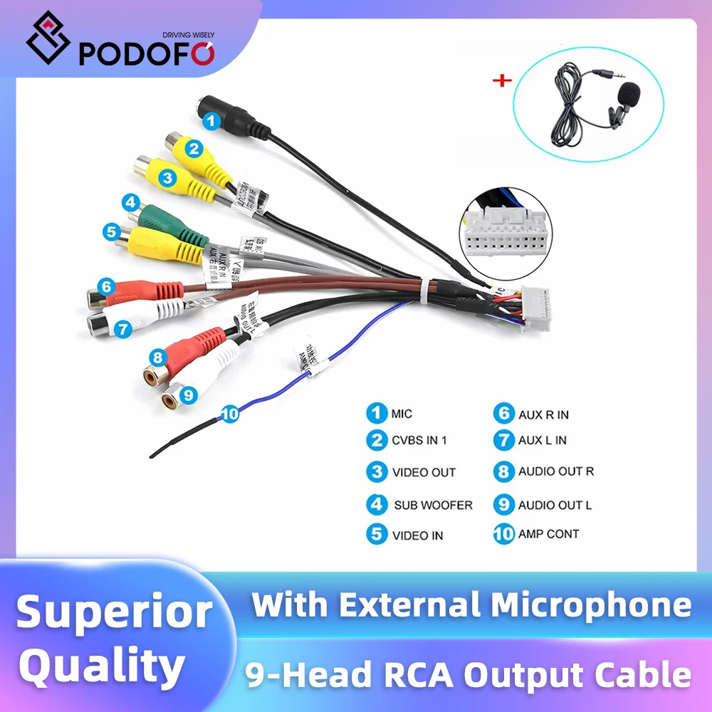 Podofo RCA Output Cable 9-Head Car Stereo Radio Aux-In Adapter Cable External Microphone Adaptor External Microphone Car Radio