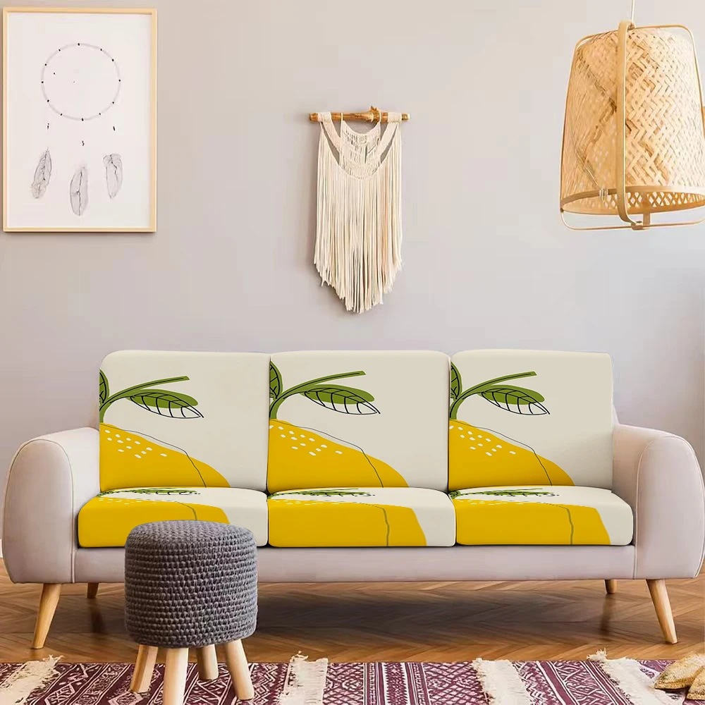 Summer Outdoor Sofa Cover, Fresh Lemon & Leaf Printed Elastic Couch Cover, Milk Silk Fabric, Pet - Friendl