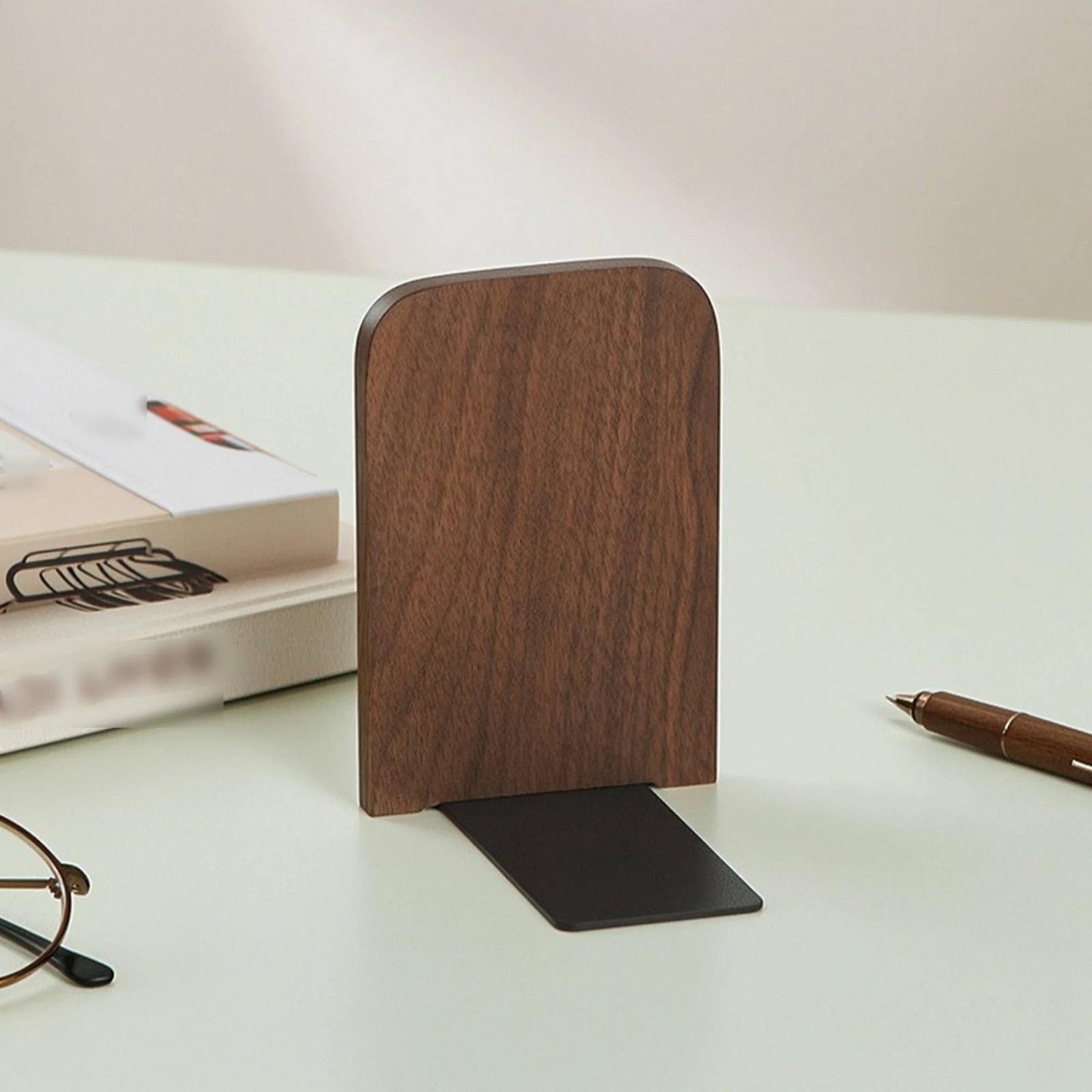 Wooden Bookend with Metal Base Non Skid Desktop Bookend Metal Bookends Stable Desktop Book Organizer Heavy Duty for Readers