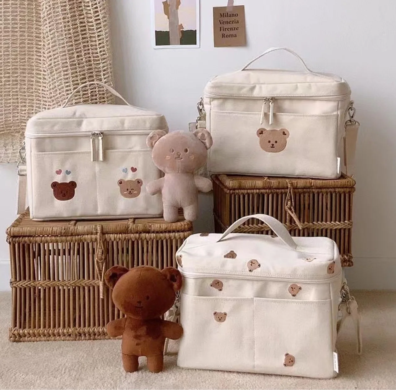 Korean Baby Diaper Bag Canvas Bear Embroidered Insulation Baby Stroller Storage Bag Organizer Mommy Milk Insulation Ice Bag