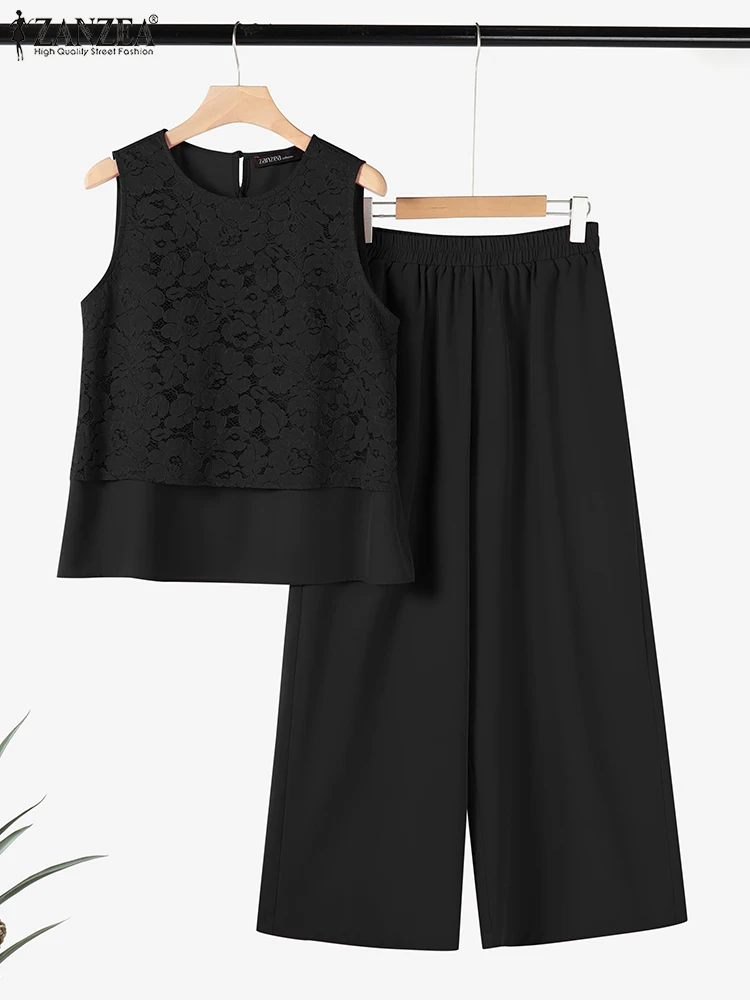 

2025 ZANZEA Women Long Pant Sets Korean 2PCS Pant Sets Fashion Solid Sleeveless Lace Tank Suit Casual Loose Solid Matching Sets