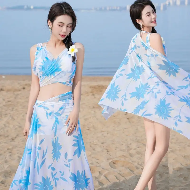 New Fashion Triangle Bikini 3PCS Swimwear Female Chiffon Skirt Bathing Suits for Holiday Beach Party view 2