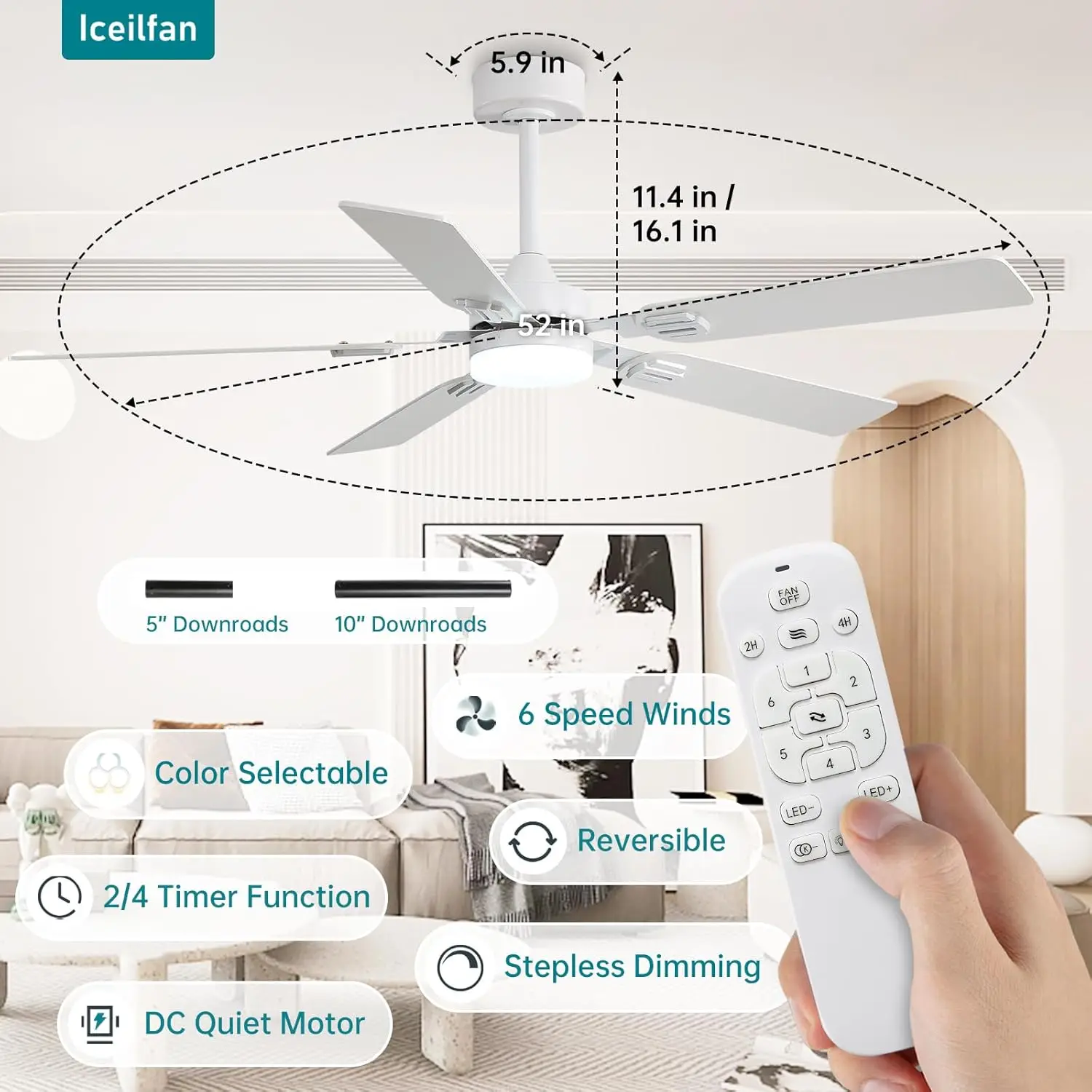 52 Inch Ceiling Fans with Lights and Remote Control,Reversible Ceiling Fans with Dimmable LED Lights and Remote DC Motor 6Speeds