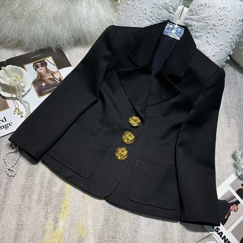 2024 New Fashion Fall Winter Office Womens Full Sleeve Big Gold Metal Button Pockets Casual Black Blazer Outerwear Coat