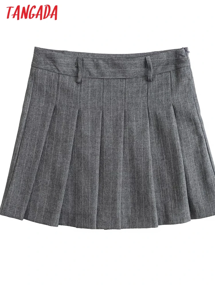 Tangada 2024 New Chic Women Gray Striped Pleated Skirt High Waist Mini Skirts QD002