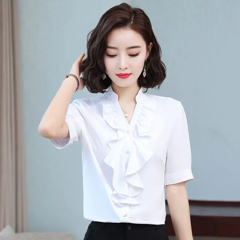 

2024 New Summer Fashion Shirt Blouse Female V-neck Ruffled Short Sleeved Chiffon Shirt Women's Korean Elegant Versatile Top