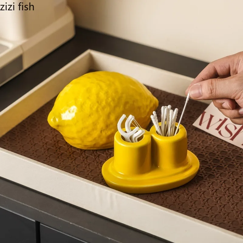 Creative Lemon Toothpick Jar Ceramic Dental Floss Jar Cotton Swab Box Double Tube Storage Box Table Decor Household Storage Tool