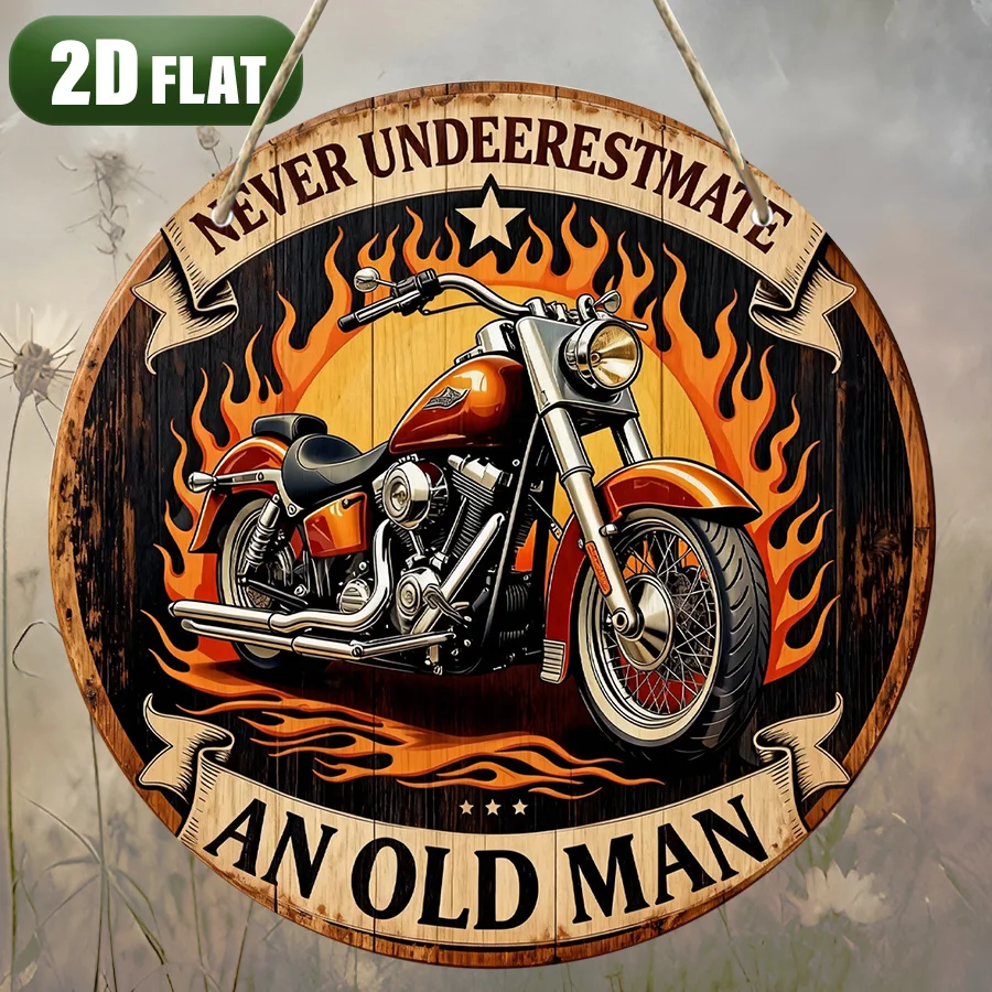 2D Flach - 1 Flaches Holzschild mit Flammen-Umrandetem Orangefarbenem Motorrad und Inspirierendem Spruch |   19,99x19,99 cm Runde Wanddekoration
