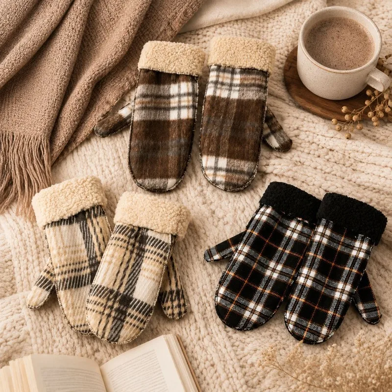 New Soft Cozy Retro Plaid Thickened Velvet Thermal Winter Gloves for Women Girls Cute Finger Warm Casual Student School Bag