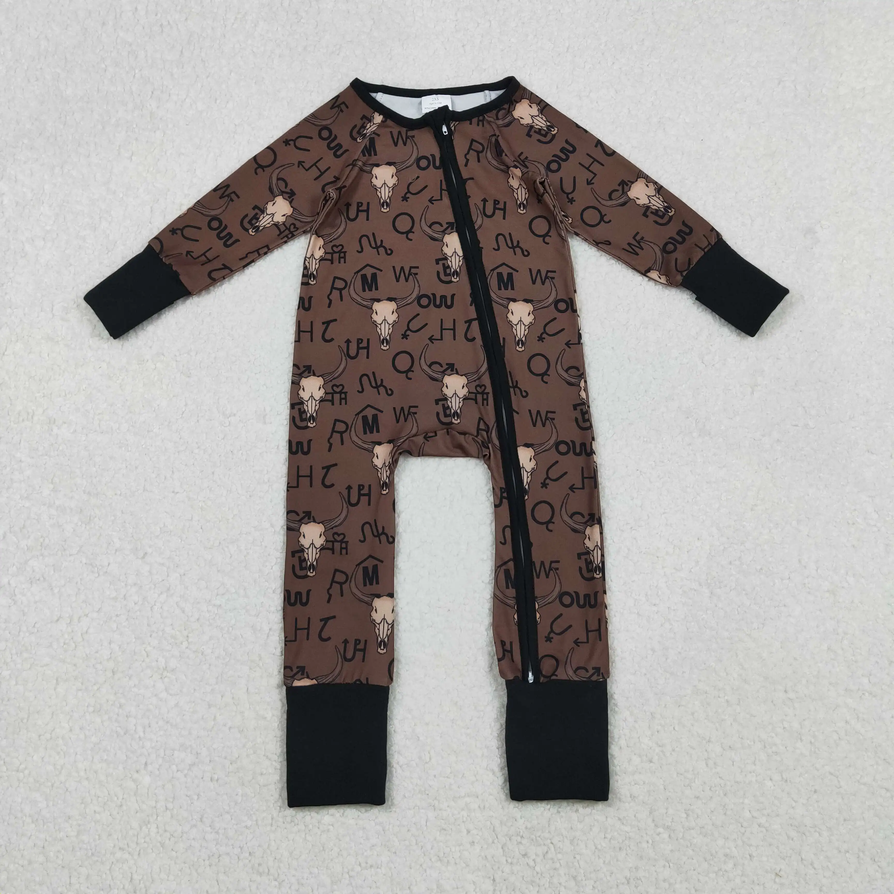 

Baby Boys Brown Western Bull Skulls Romper Long Sleeves Zipper Convertible Outfit for Infants