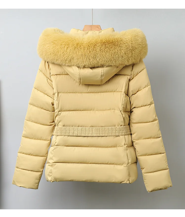 Winter Solid Color Long-sleeved Fur Collar Hooded Short Down Cotton Jacket Women's Slim Winter Thickened Versatile Warm Jacket