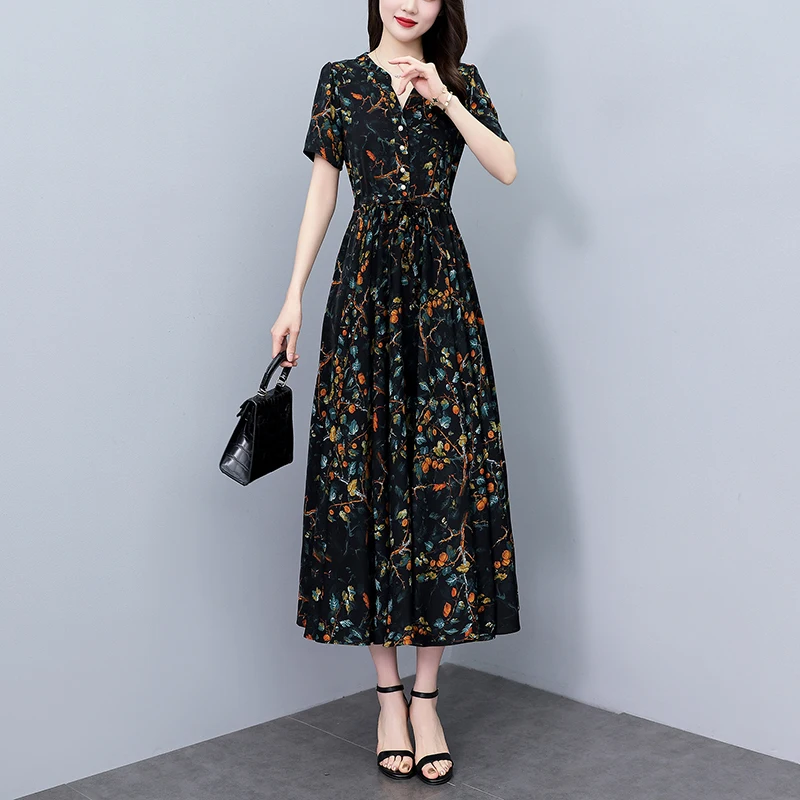 Quality Floral Chiffon Casual Dress Women Bodycon Vintage Elegant Party Long Dress 2025 Summer New Chic Prom Luxury Midi Vestido
