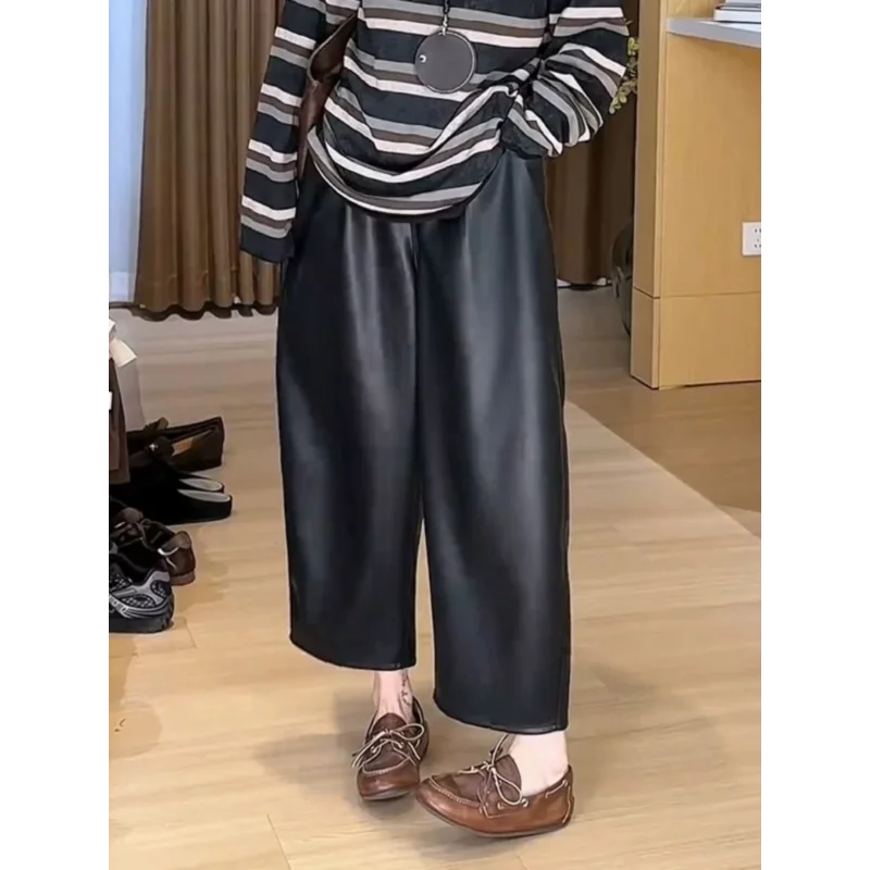 

Новинка 2025, модные широкие кожаные брюки, женские осенне-зимние свободные брюки с высокой талией и девятью точками банана