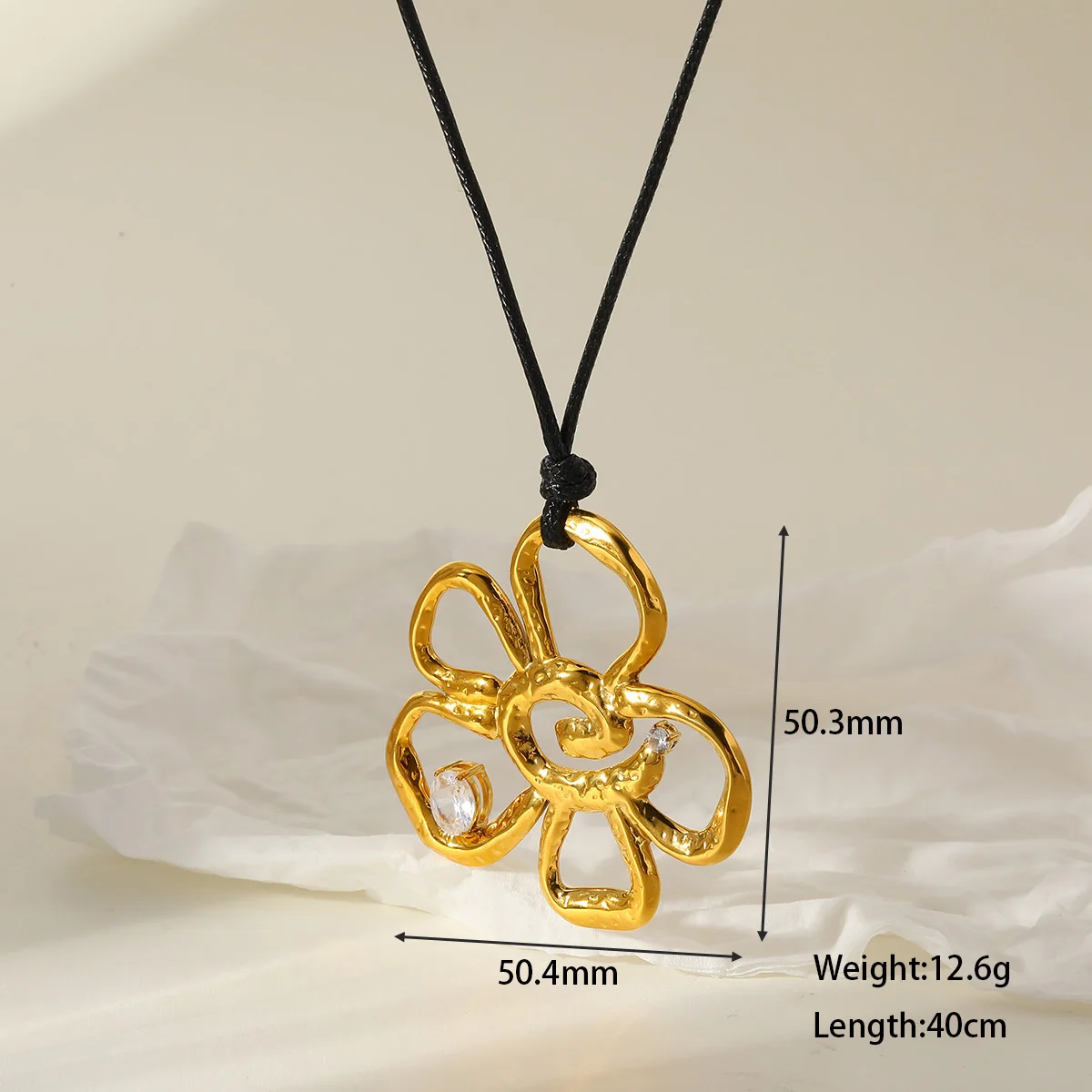 Unique Women's Cord String Chain Necklace with Irregular Flower Zircon Gold Plated Stainless Steel Pendant Fashion Charm Jewelry
