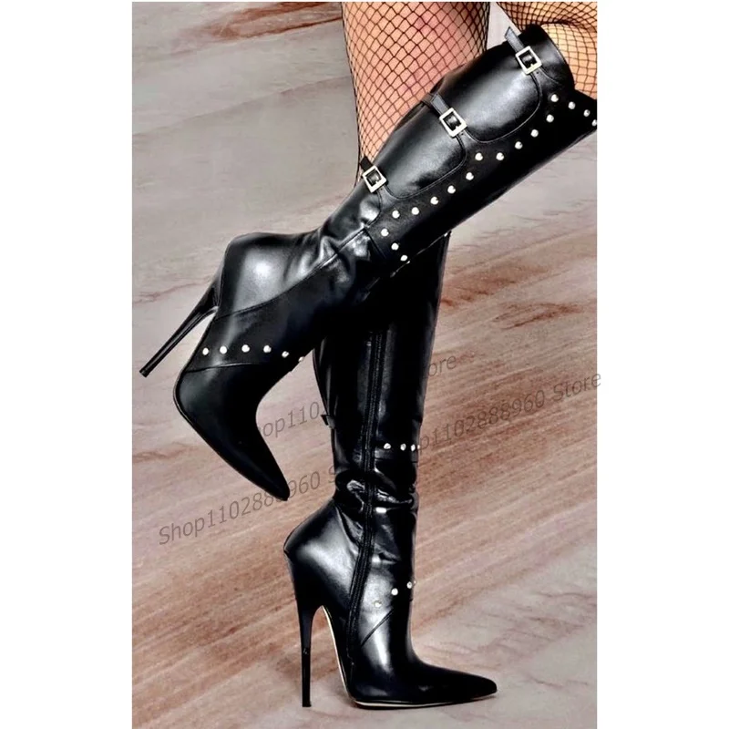 

Knee High Black Rivet Belt Buckle Decor Boots Stilettos High Heel Women Shoes Side Zipper Pointed Toe 2023 Zapatos Para Mujere