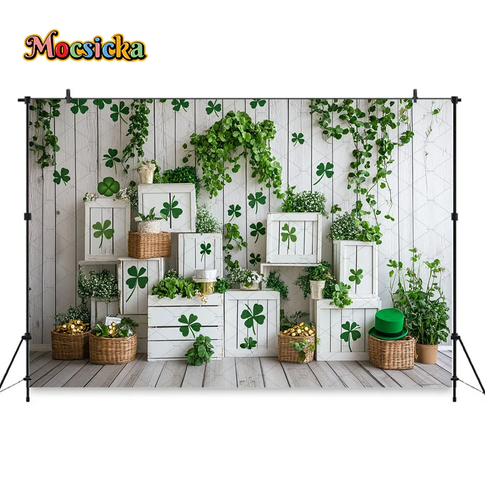 Mocsicka St. Patrick's Day Photography Backdrop Clover White Wooden Box Background Kids 1st Birthday Cake Smash Photo Studio