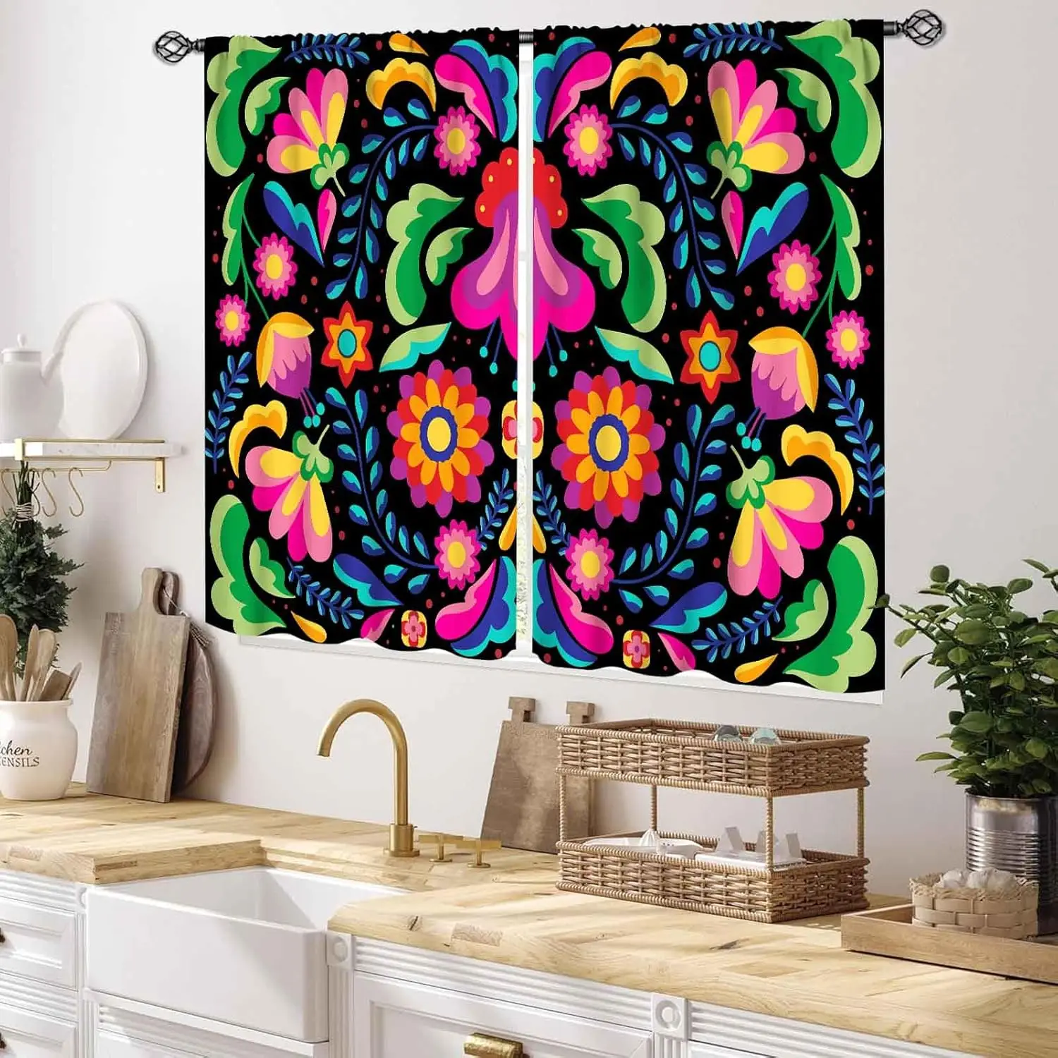 Mexican Fiesta Curtains, Colorful Mexcian Floral Cinco De Mayo Dia De Los Muertos Farmhouse Blackout Window Drapery Treatments