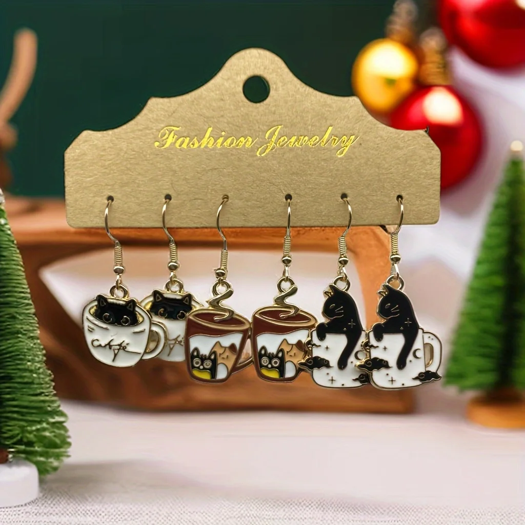 Three pairs of cat earrings suit coffee cup cat for women to wear daily cute fashion with hypoallergenic