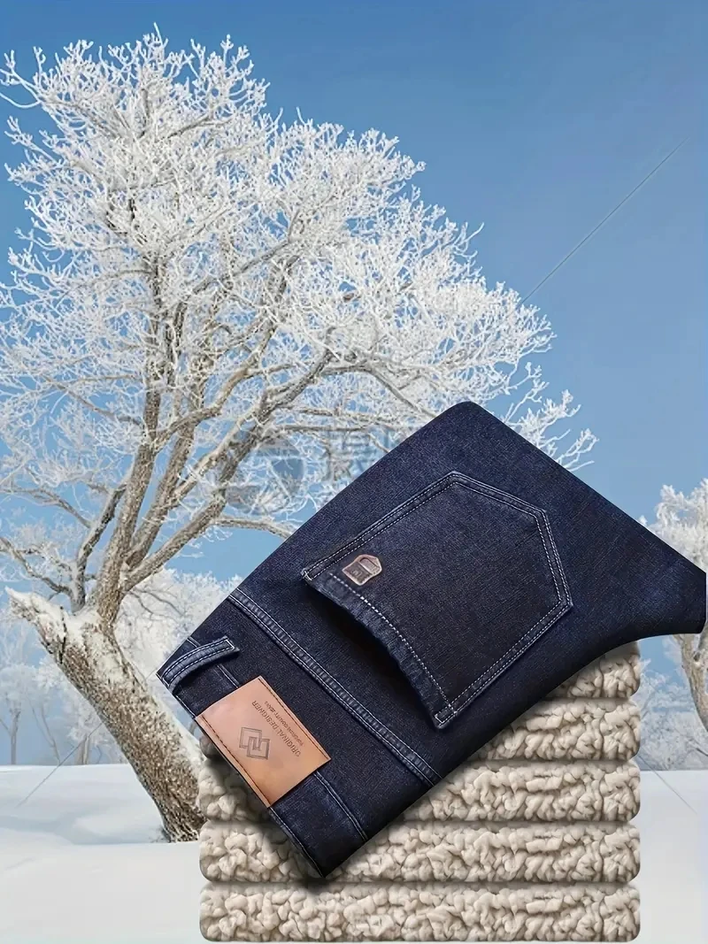 شتاء دافئ الصوف الجينز الرجال 2025 مستقيم تمتد سميكة عادية الحرارية الدنيم السراويل الذكور الأعمال العمل بنطلون جديد الرجال الملابس #4