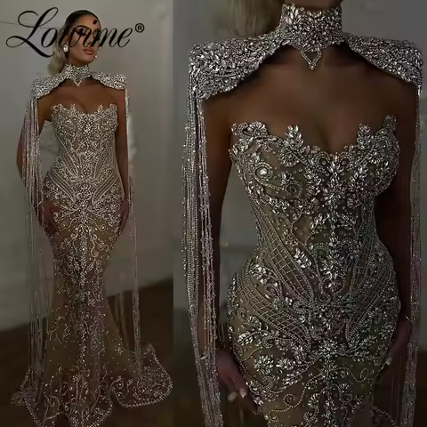 Customized Sparkle Crystals Party Dress Long Tassels Cape Champagne Evening Gowns Arabic Robe De Mariee Bride Bridal Prom Dress