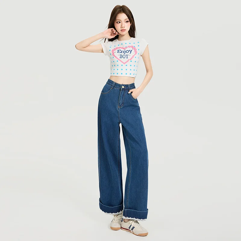 

Straight Jeans Women Cuffs Lace Spliced Jean Wide Leg Denim Trousers High Waist Zipper Fly Distressed Vintage Ankle Length