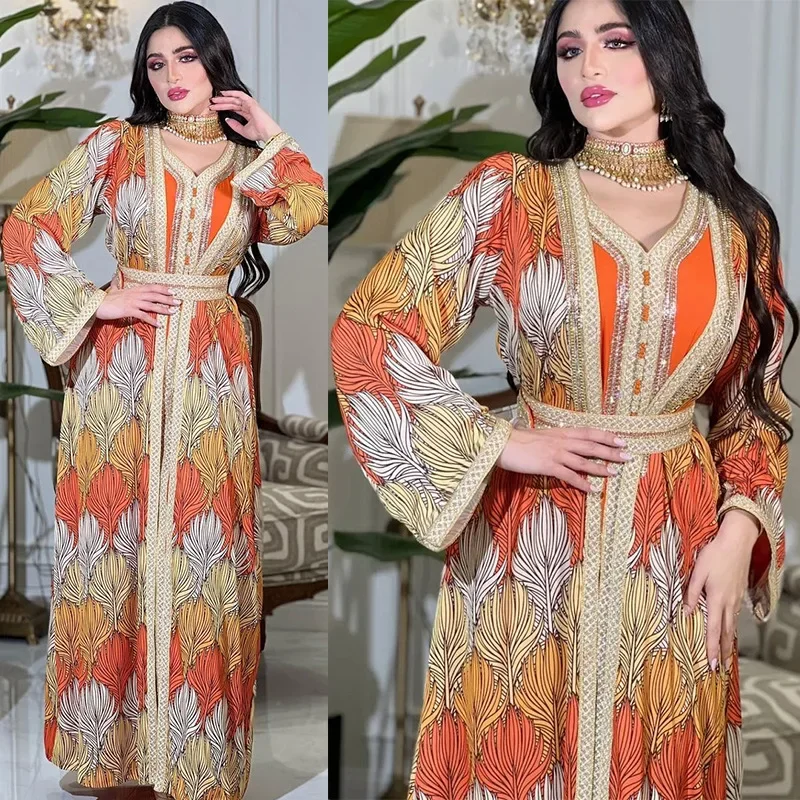 

Gorgeous Party Evening Dresses Set for Women Muslim Chic Rhinestone Tape Trim V Neck Long Sleeve Jalabiya and Kimono Abaya 2pcs