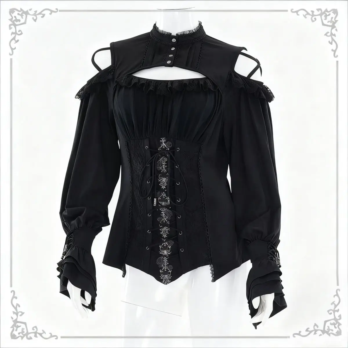 

Roses Embroidered Off-Shoulder Lace Top Lolita Lingerie Sweet and Dark Denim Waist-Concealing Slim Fit Shirt Layering