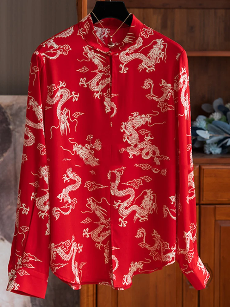 High Quality Hongyun Dragon Pattern Printed Silk Chinese Stand Up Collar Button Mulberry Silk Shirt Blouse Femmes Chemise Y2k