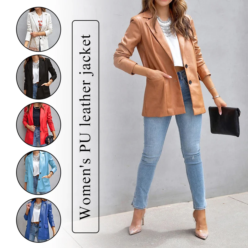 

New Autumn Winter Women's PU Leather Suit Jacket Fashion Casual Leather Coat Solid Color Pocket Button Cardigan Windbreaker