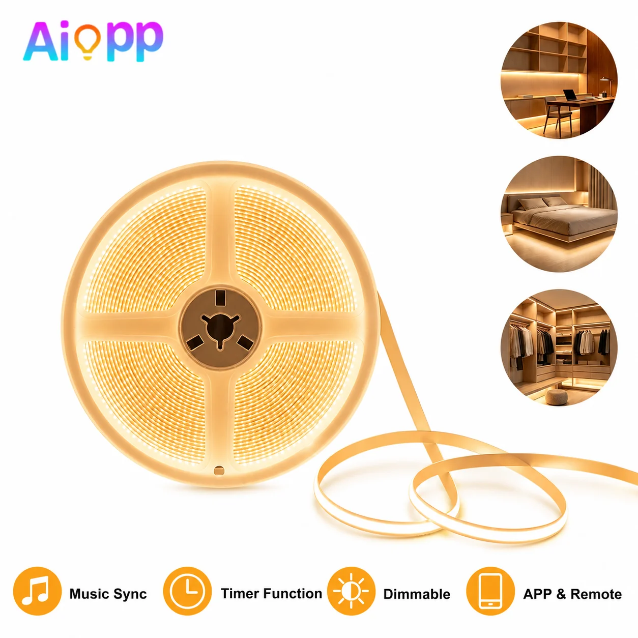 30/20/10/5/2M COB LED-Streifenlichter für den Innenbereich mit App & Fernbedienung, Niederspannungs-Dimmfunktion, Timerfunktion, zuschneidbar, flimmerfrei, warmweißes Klebeband für Schlafzimmer,